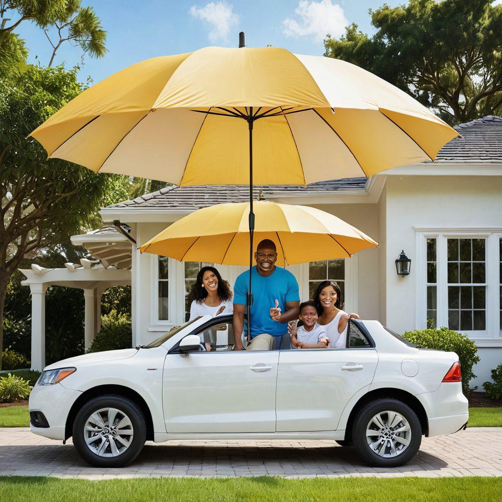 A family gathered under a large, protective umbrella, symbolizing insurance, with various icons representing their valued connections (like a home, car, and loved ones) beneath it. The background shows a calm and sunny landscape, embodying peace of mind and security. Soft, warm lighting enhances the feeling of safety and connection. super-realistic. vibrant colors. white background.