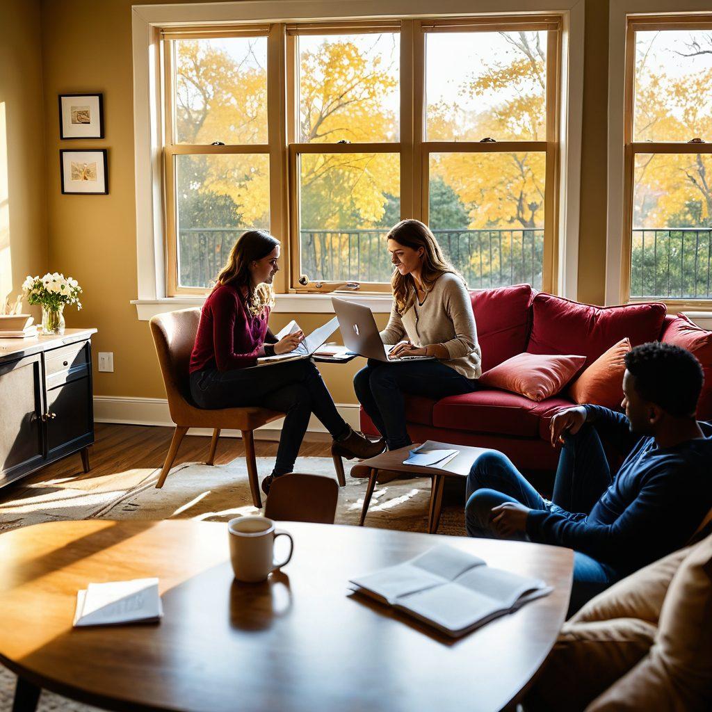 Illustration of a cozy living room scene, where a couple is discussing insurance plans over a heart-shaped table filled with paperwork and a laptop, warm sunlight streaming through a window. There are relationship icons like hearts and family silhouettes in the background, symbolizing connection and safety. The overall atmosphere is inviting and intimate. vibrant colors. soft focus.
